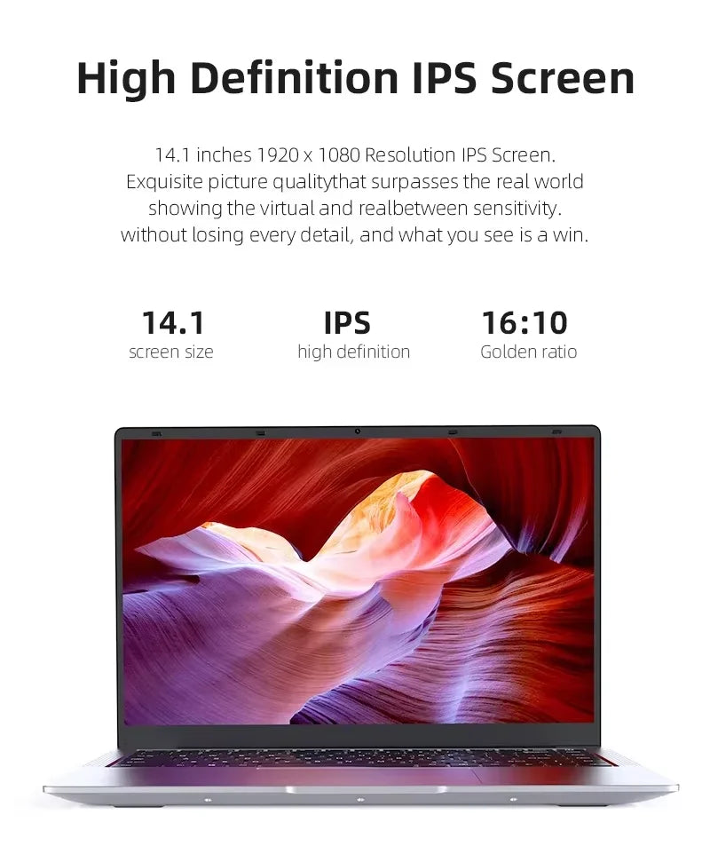 Laptop with a high definition IPS screen displaying a colorful abstract design.