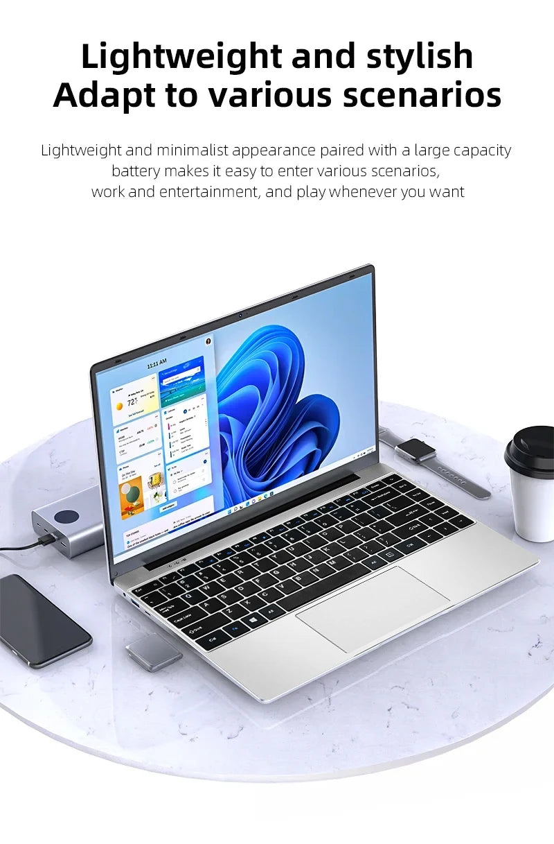 Laptop on a white surface with text about its features