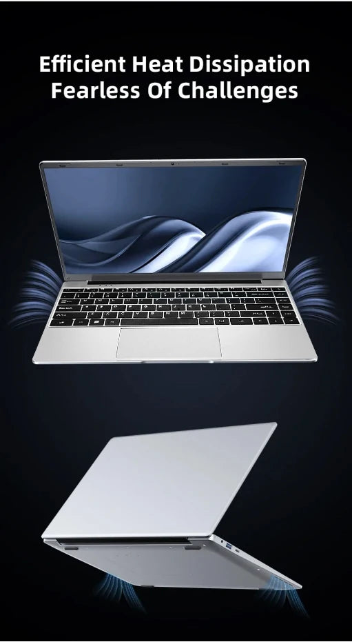 Laptop with open lid showing screen and closed lid on a dark background with text about heat dissipation.