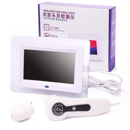 Skin and hair analyzer with display and handheld device in front of packaging