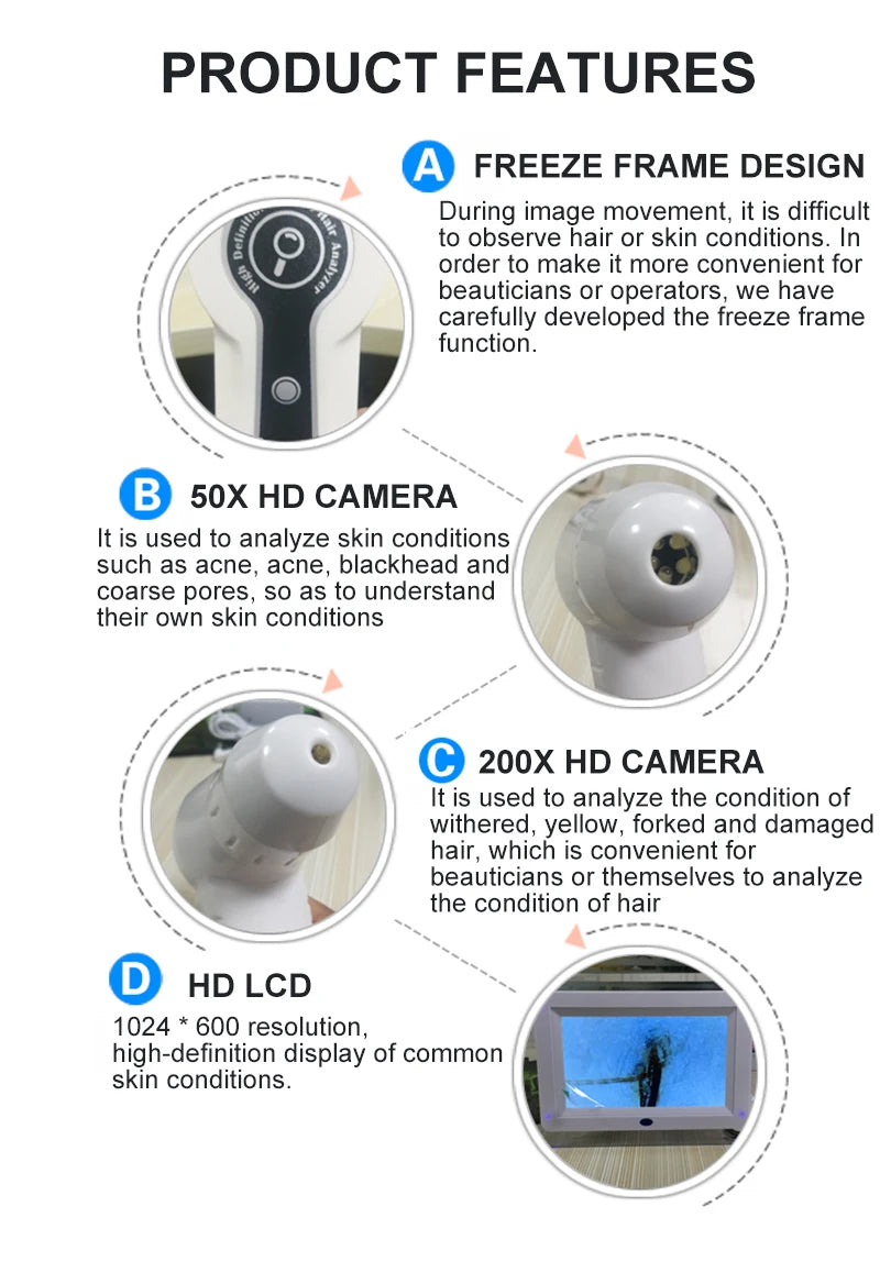 Product features of a device with freeze frame design, 50x HD camera, 200x HD camera, and HD LCD display on a white background.