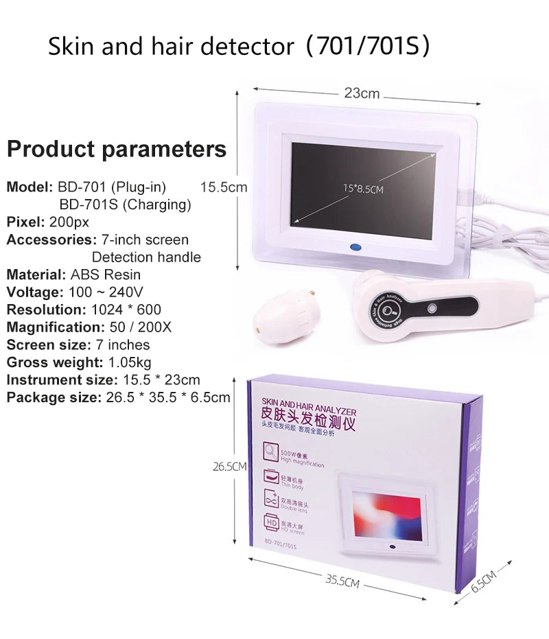 Skin and hair detector with specifications and packaging on a white background