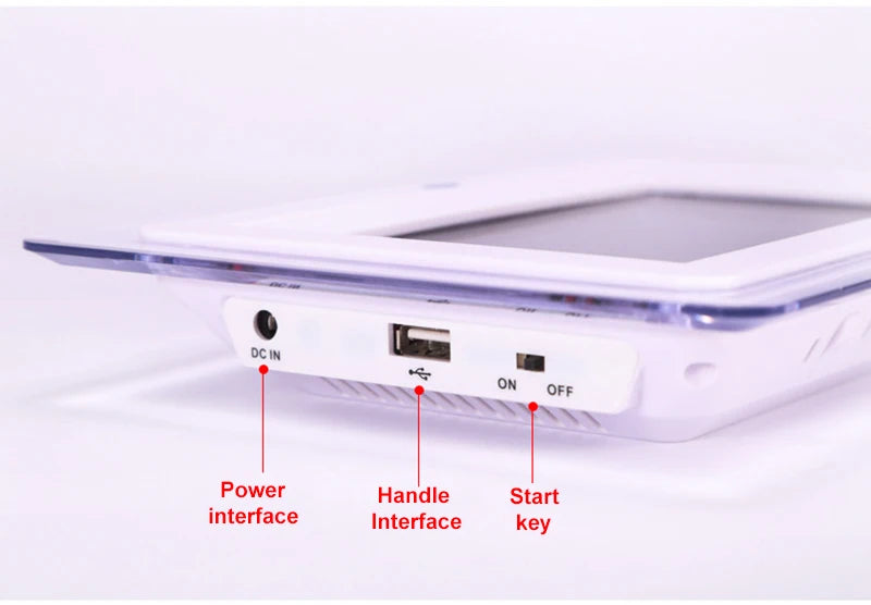 Control panel of a device with labeled power interface, handle interface, and start key on a white background.