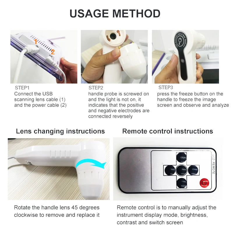 Instructions for using a medical device with images and text on usage method, lens changing, and remote control.