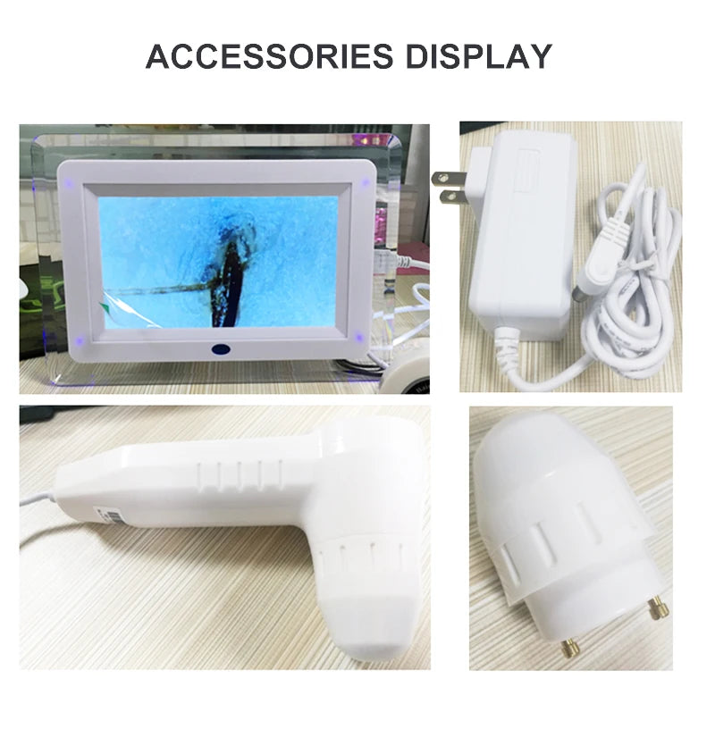 Collage of medical device accessories including a monitor, power adapter, and cable.