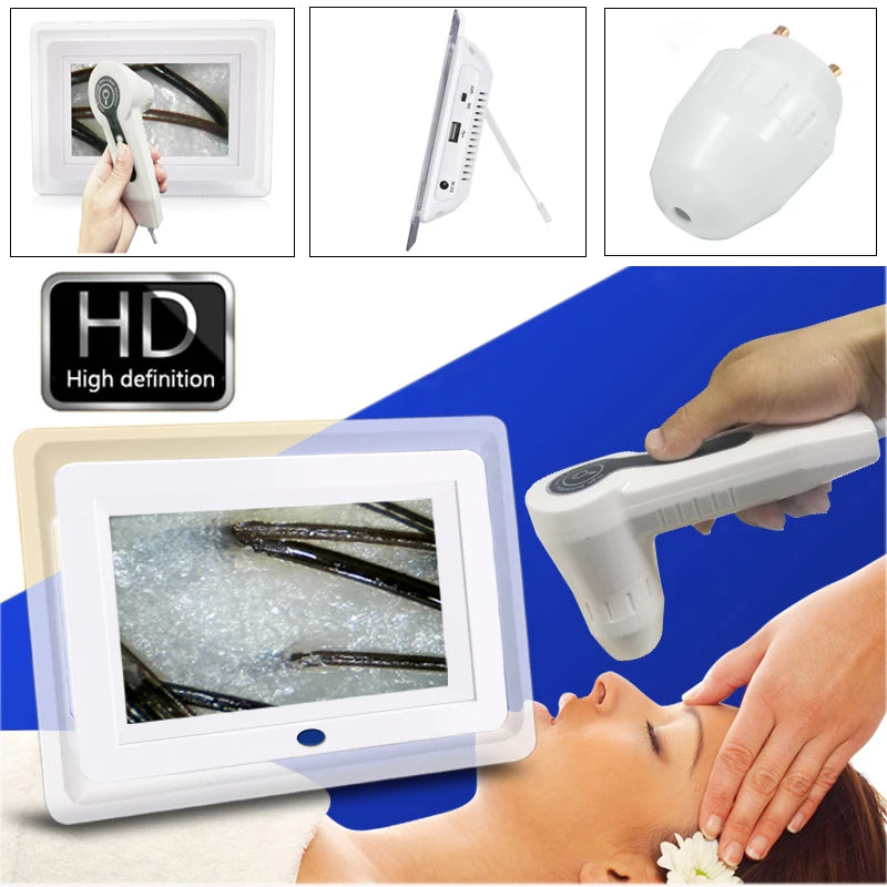 Collage of a digital inspection device with a screen displaying an image, held by a person, on a blue background.