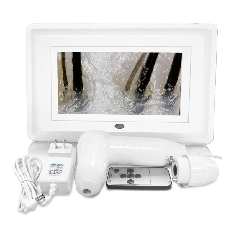 White electronic device with screen, remote control, and power adapter on a white background