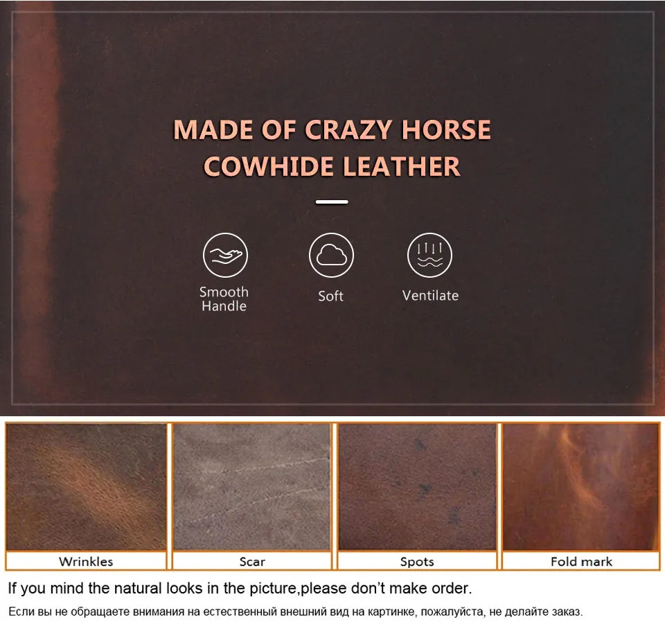 Cowhide leather texture with 'Made of Crazy Horse' text and leather quality indicators.