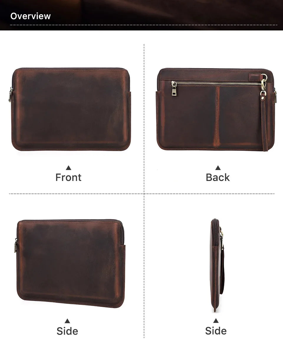 Brown leather sleeve shown from front, back, side, and top angles on a white background.