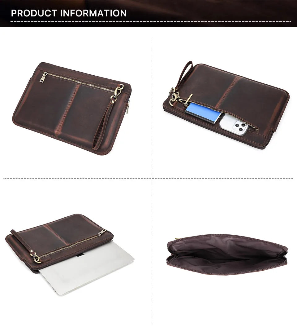 Brown leather clutch bag with multiple compartments on a white background