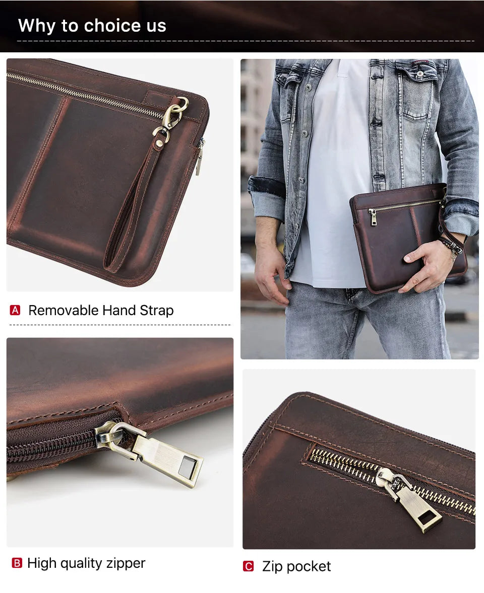 Brown leather clutch with features like a removable hand strap, high-quality zipper, and zip pocket displayed on a white background.