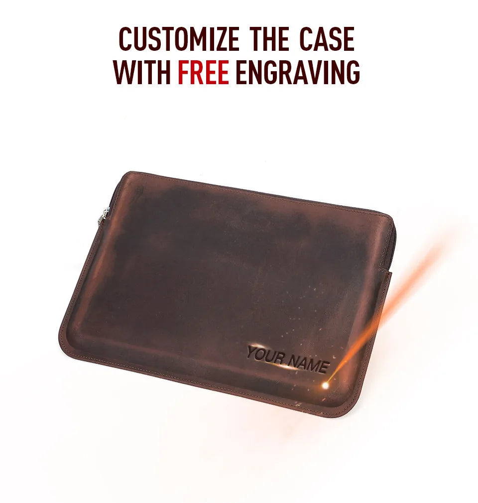 Brown leather case with 'YOUR NAME' engraving on a white background, text 'CUSTOMIZE THE CASE WITH FREE ENGRAVING' above.