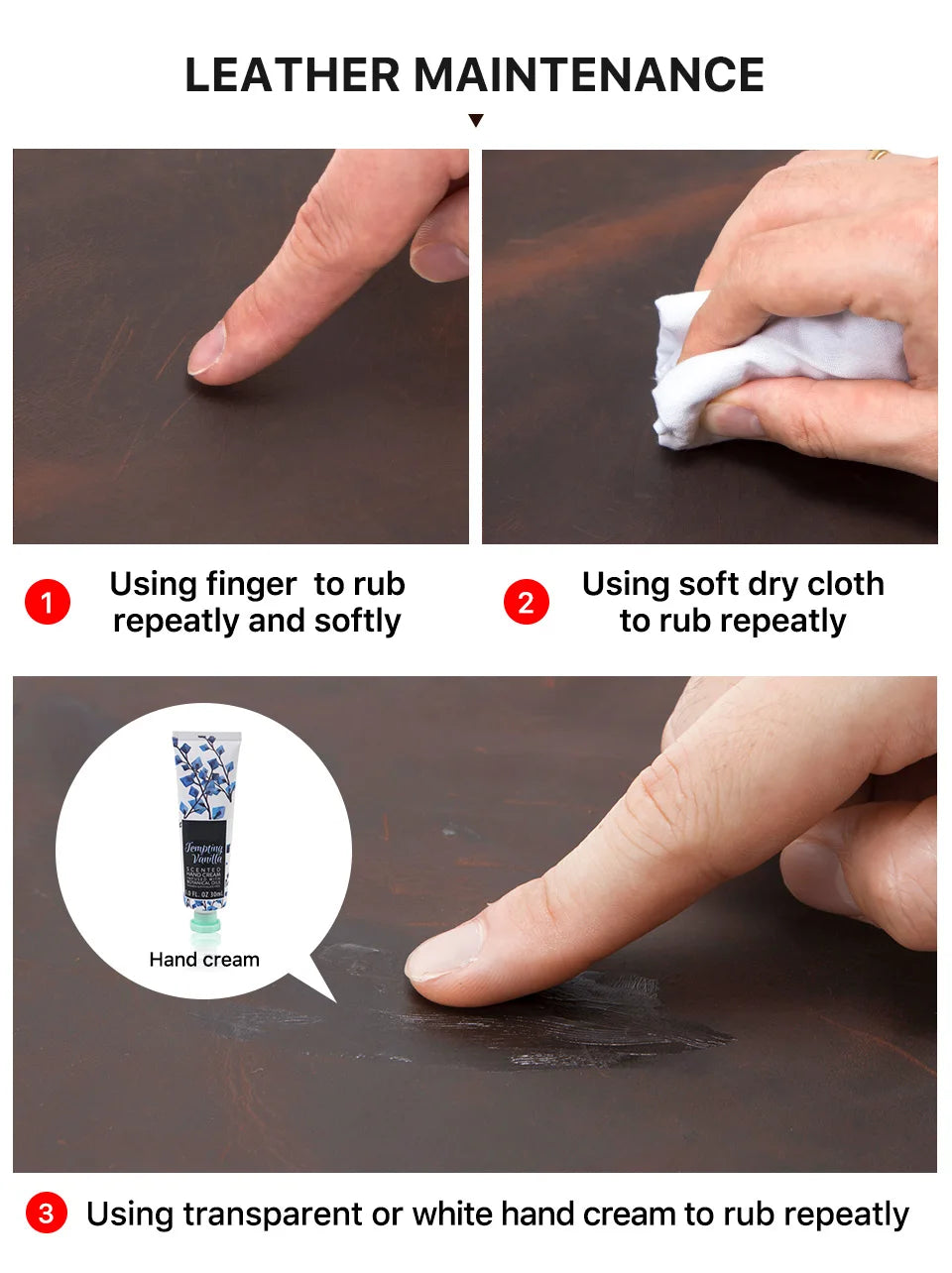Step-by-step guide on leather maintenance with hand cream application.
