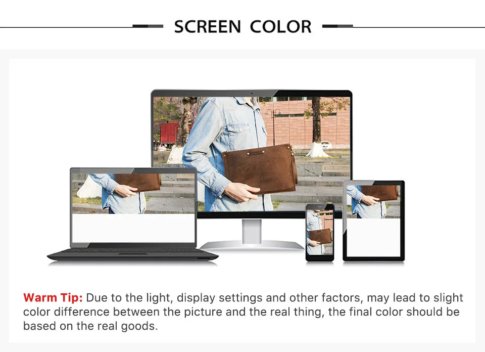 Display of screens showing a person holding a brown bag with text about screen color and warm tip.
