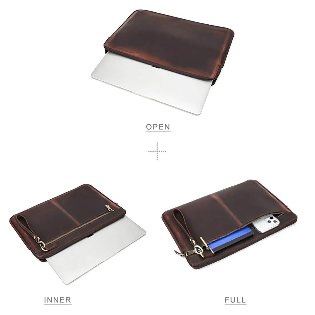"Coffee genuine leather laptop sleeve for MacBook with fre engraving "