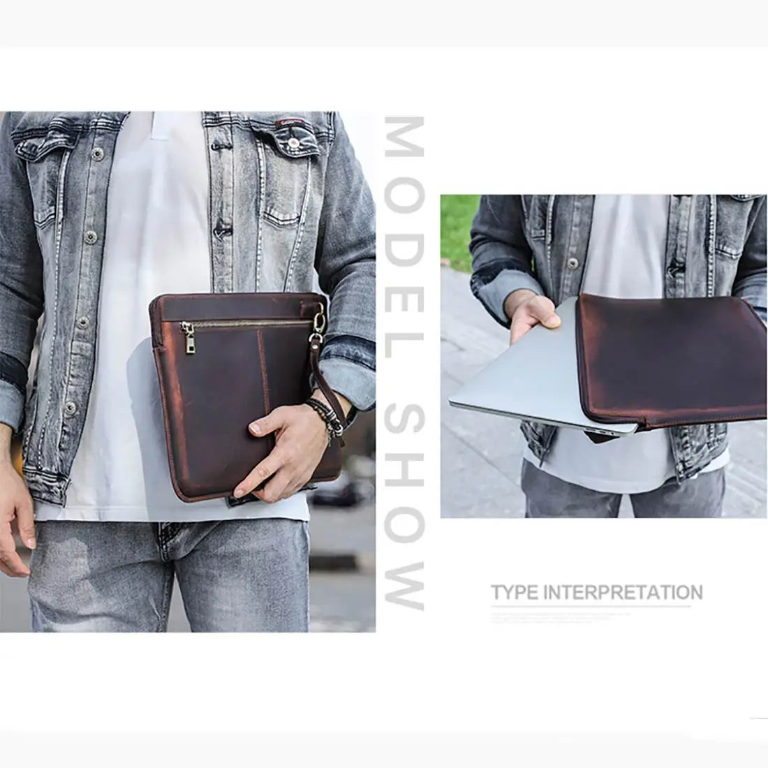 Person holding a brown leather clutch bag with a white background