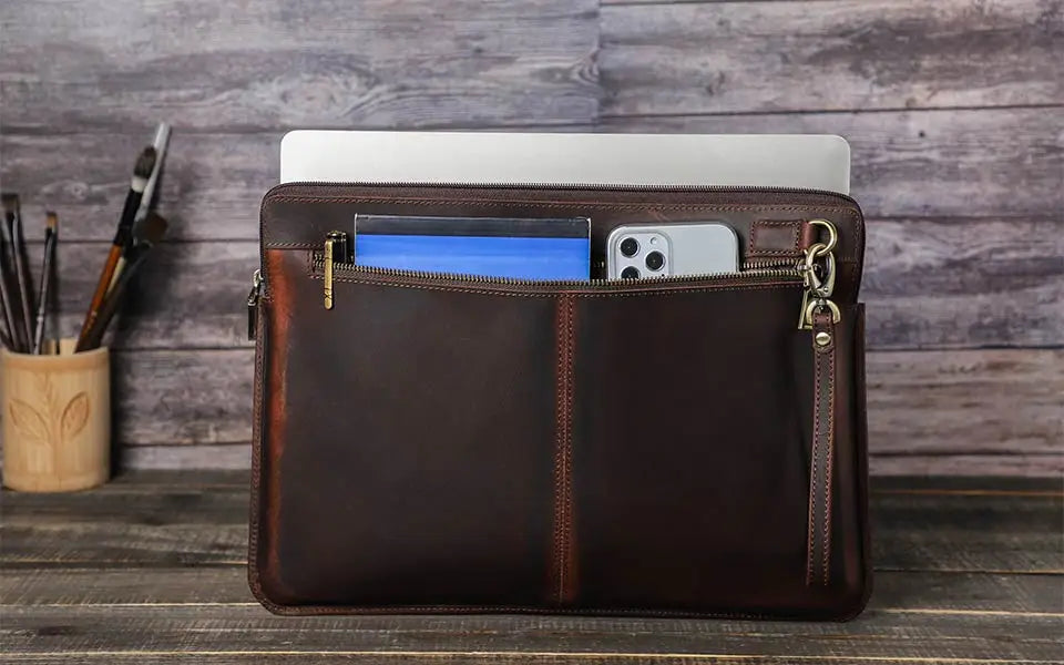 Brown leather pouch with compartments holding a laptop, tablet, and phone on a wooden surface.
