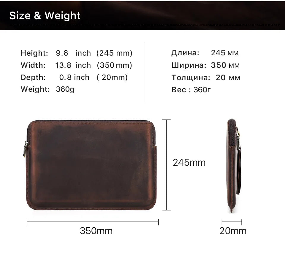 Brown leather pouch with dimensions and weight details on a white background