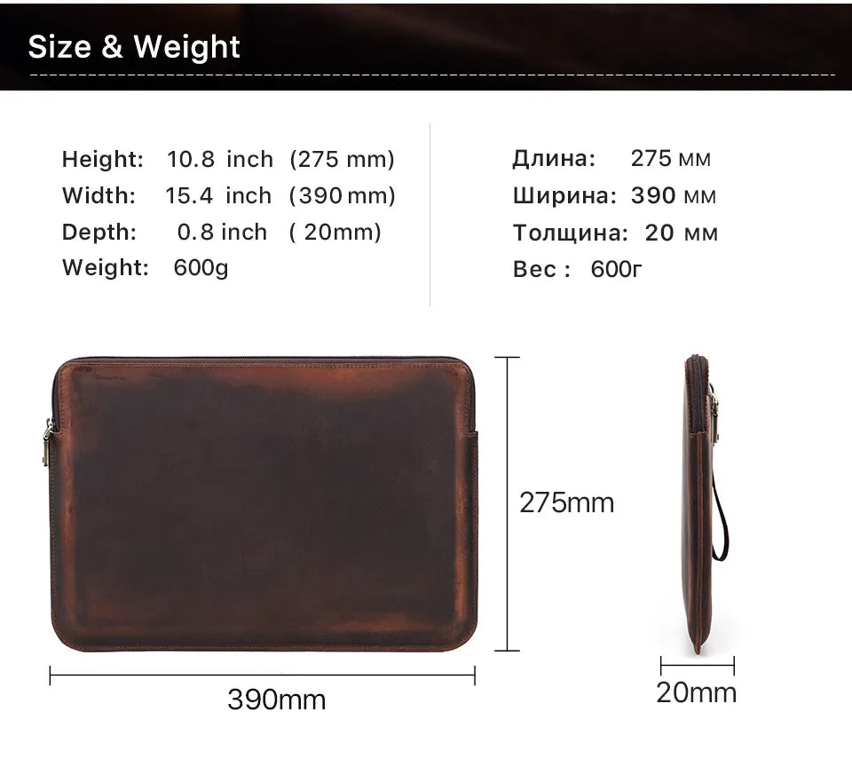 Measurement chart of a brown leather pouch with dimensions displayed.