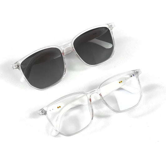 Two pairs of sunglasses with clear frames and dark lenses on a white background