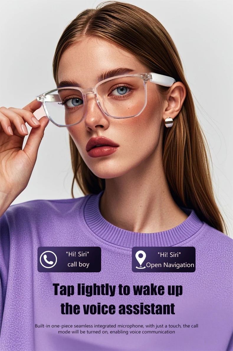 Woman wearing glasses and a purple shirt with text about a voice assistant.
