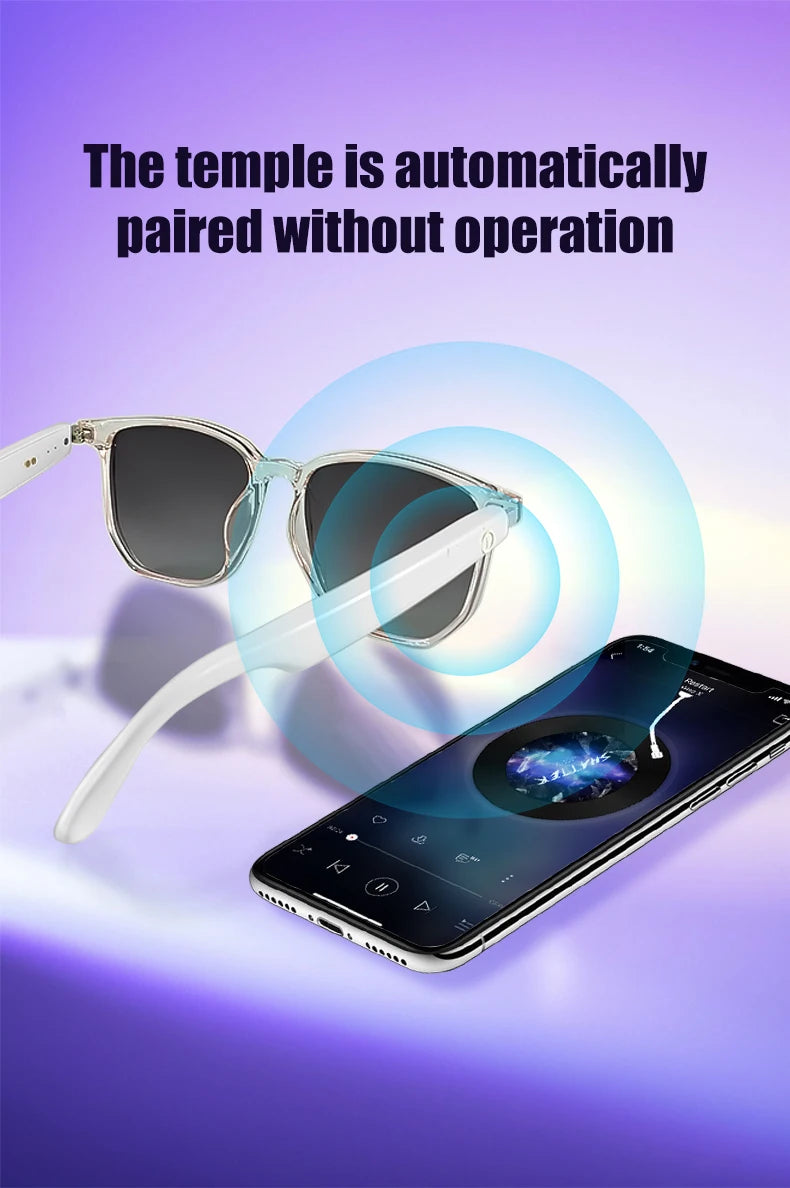 Sunglasses with wireless earbuds and a smartphone on a purple background