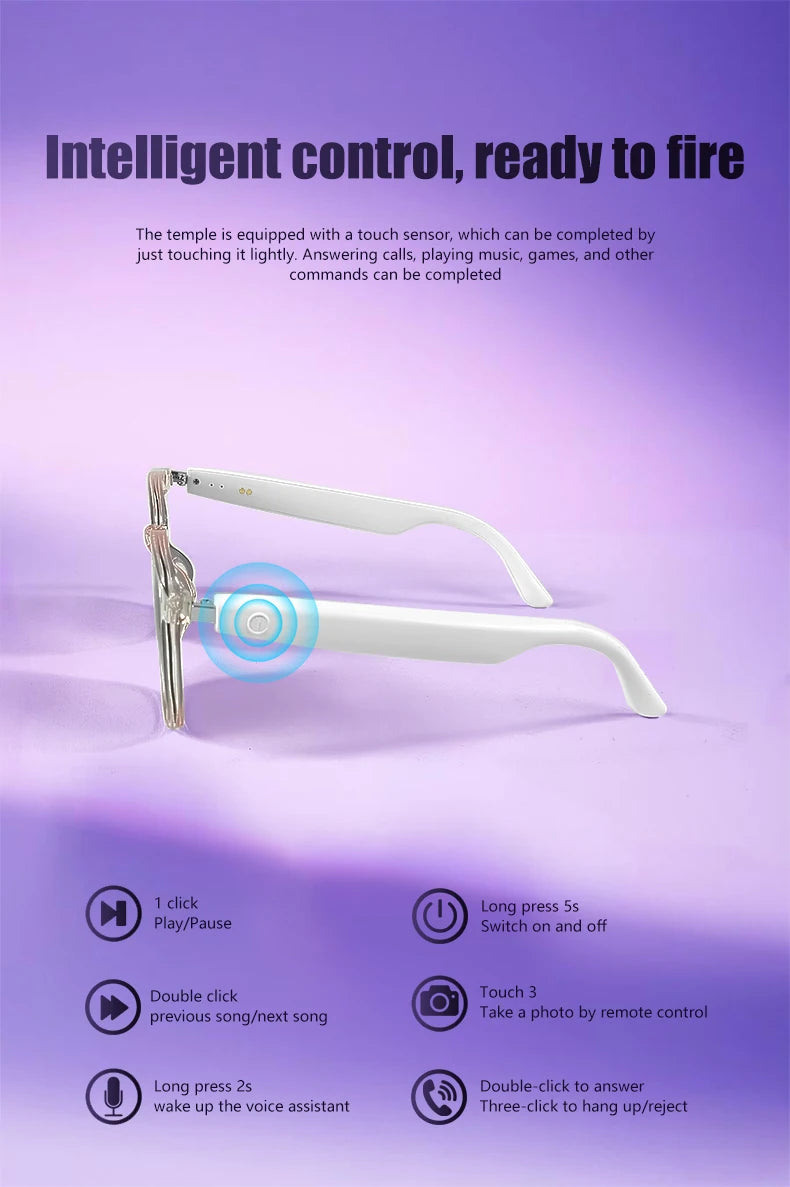 Glasses with touch sensor on a purple background, featuring text about intelligent control.