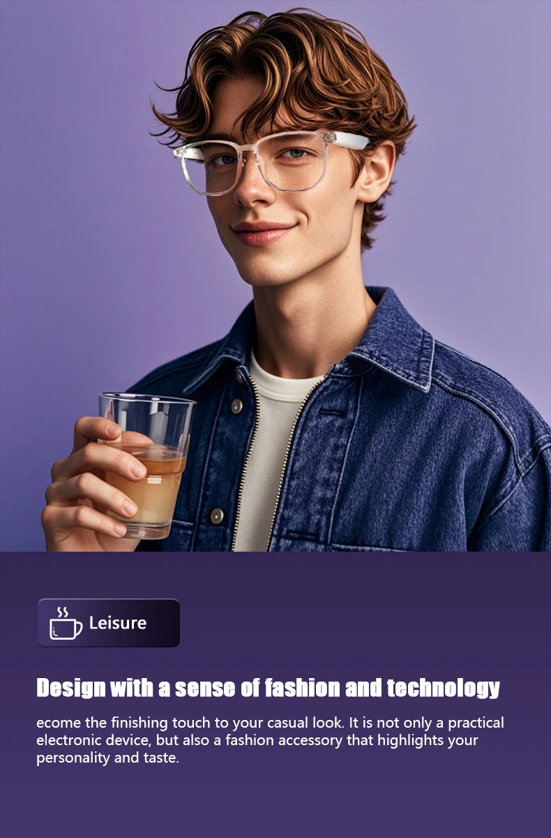 Person wearing glasses and a denim jacket holding a glass with a purple background