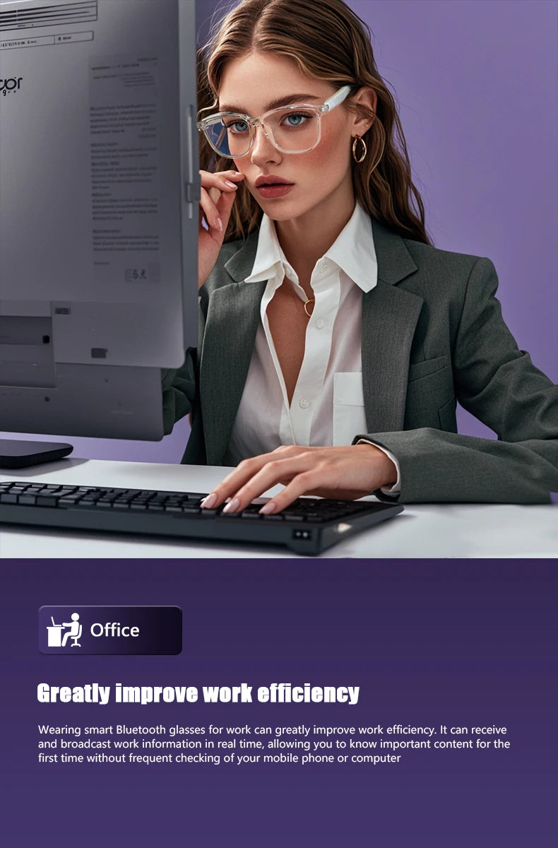 Woman wearing smart Bluetooth glasses at a desk with text about improving work efficiency.