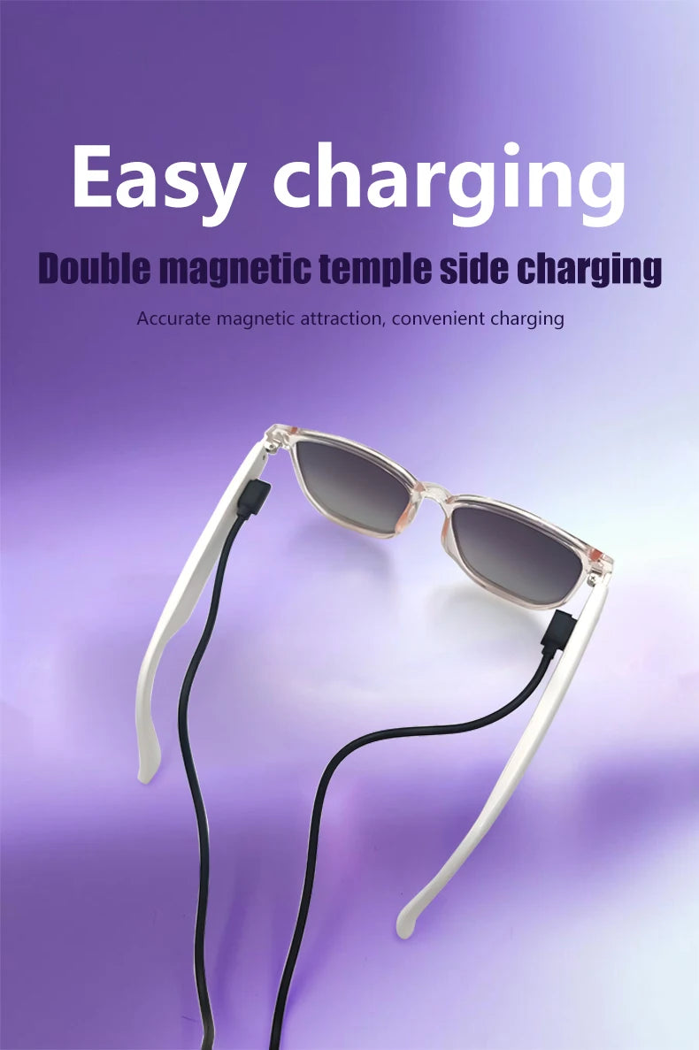 Sunglasses with a charging cable on a purple background with text about easy charging.
