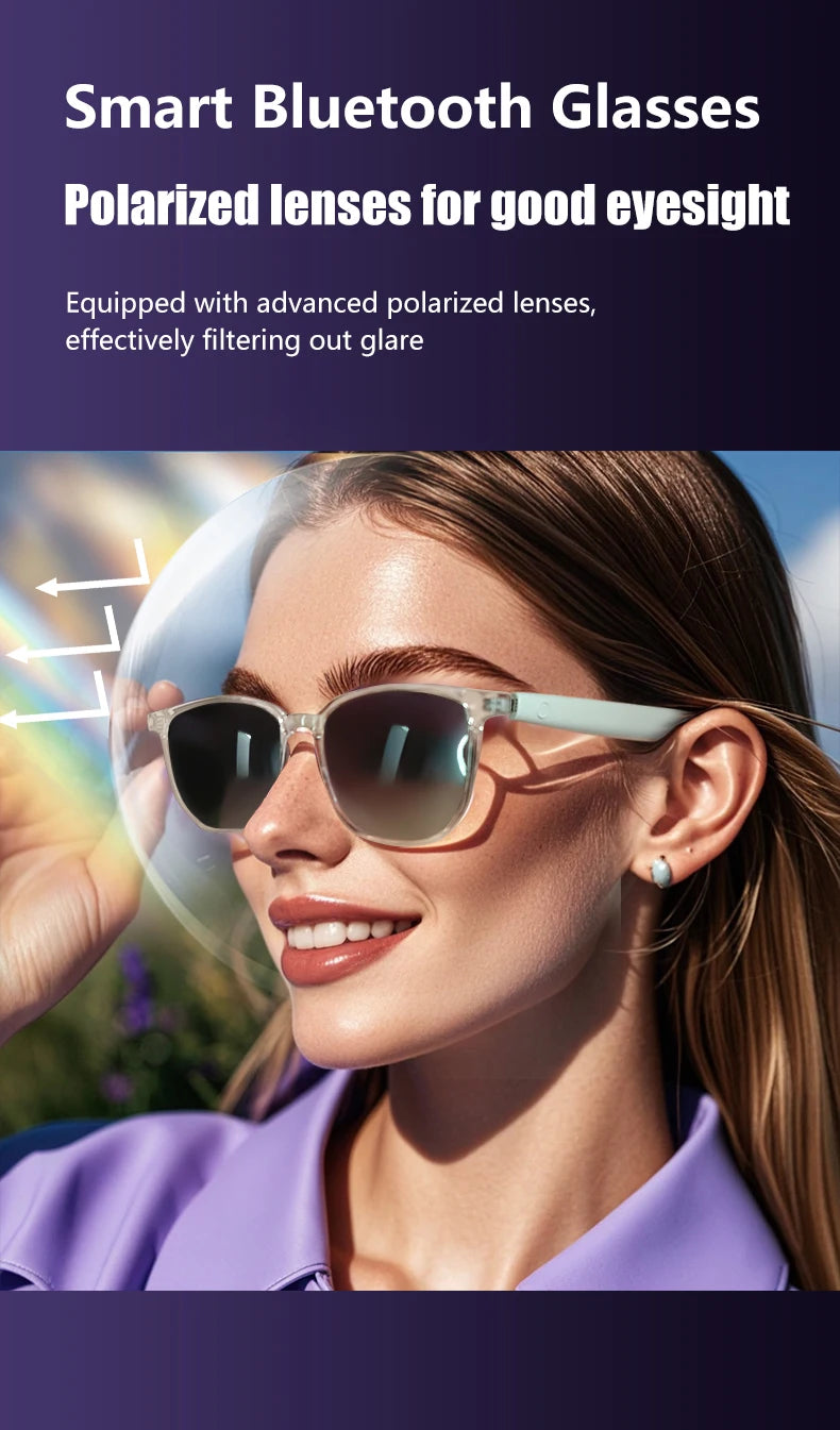 Smart Bluetooth Glasses with polarized lenses on a woman wearing them, with text about advanced polarization technology.