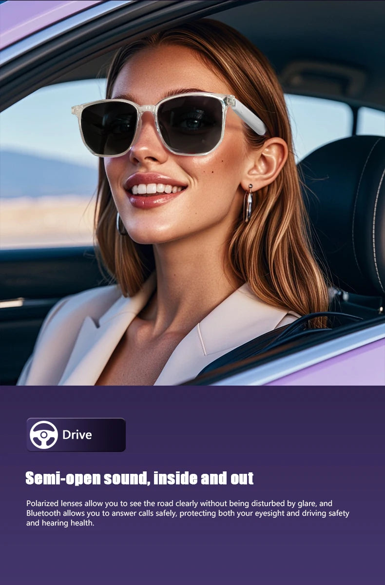 Woman wearing sunglasses sitting in a car with promotional text about driving features.