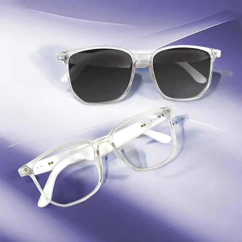 Two pairs of sunglasses on a reflective purple surface
