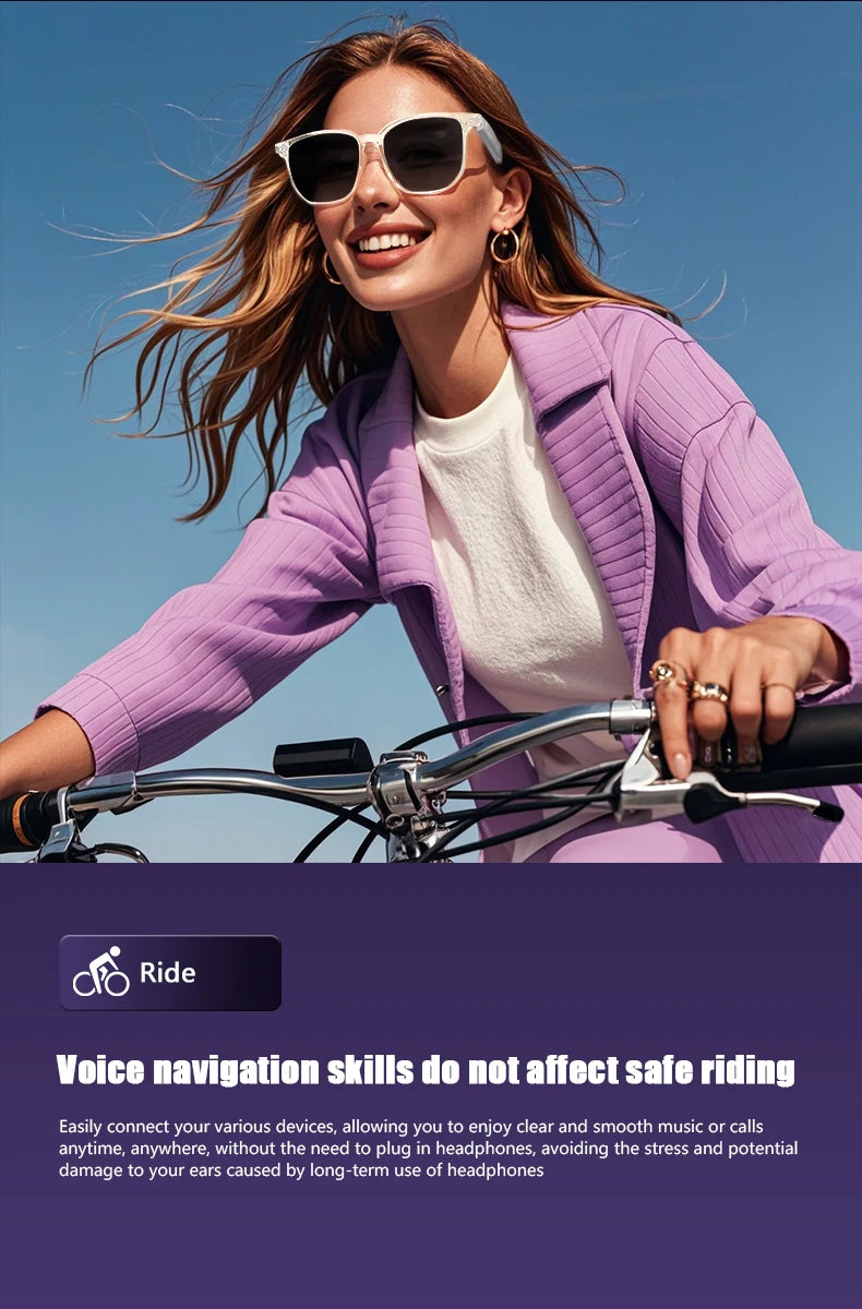 Woman in purple coat and sunglasses riding a bicycle with a clear blue sky background