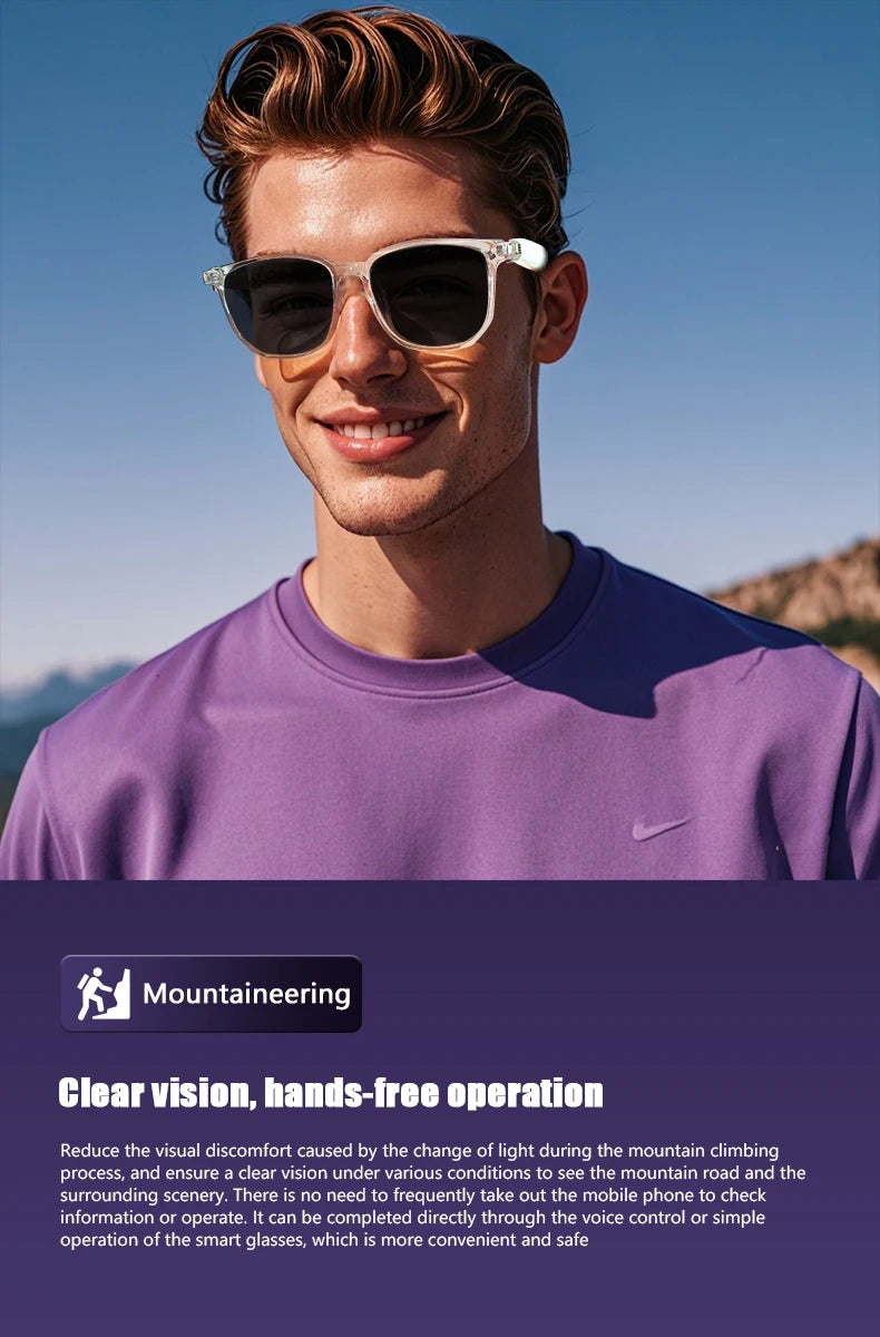 Man wearing sunglasses with a mountain background, featuring Mountaineering brand.