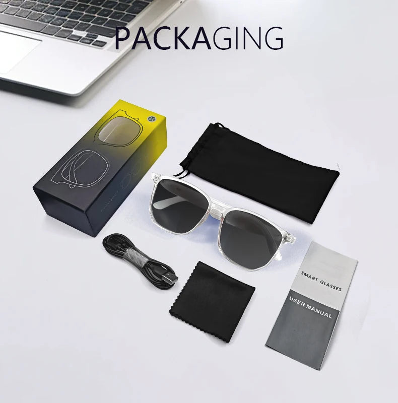 Packaging of smart glasses with accessories on a white background