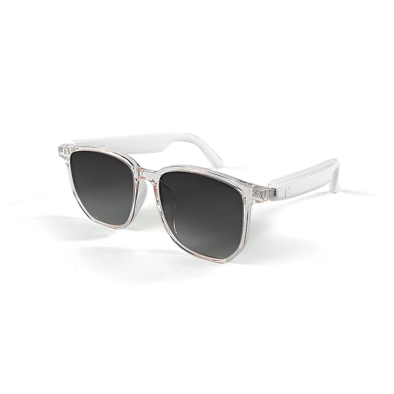 Clear sunglasses with dark lenses on a white background