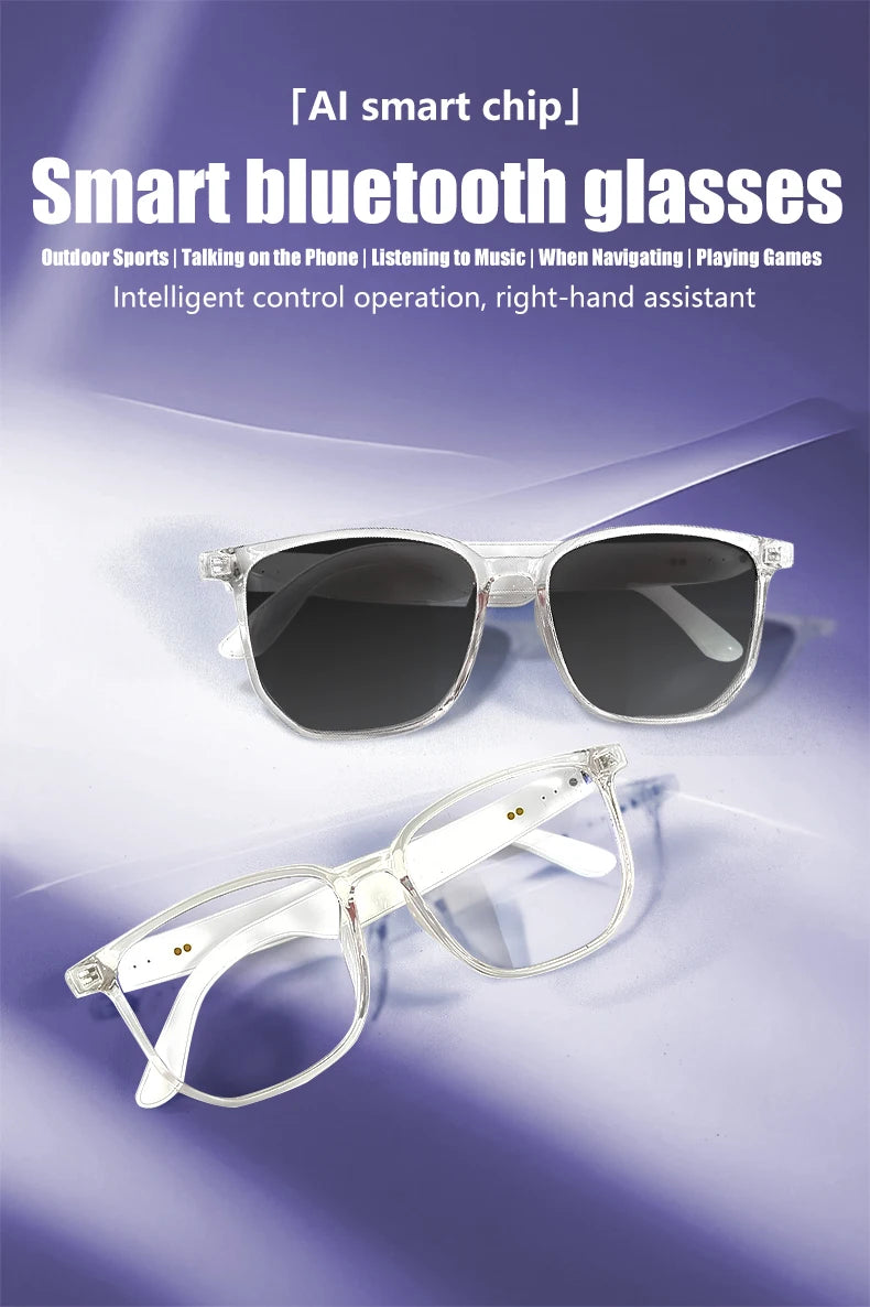 Smart Bluetooth glasses with text on a purple gradient background