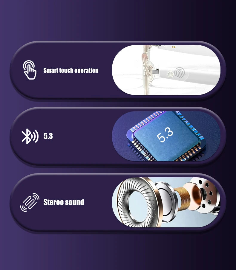 Three labeled sections showcasing smart touch operation, Bluetooth connectivity, and stereo sound on a dark background.