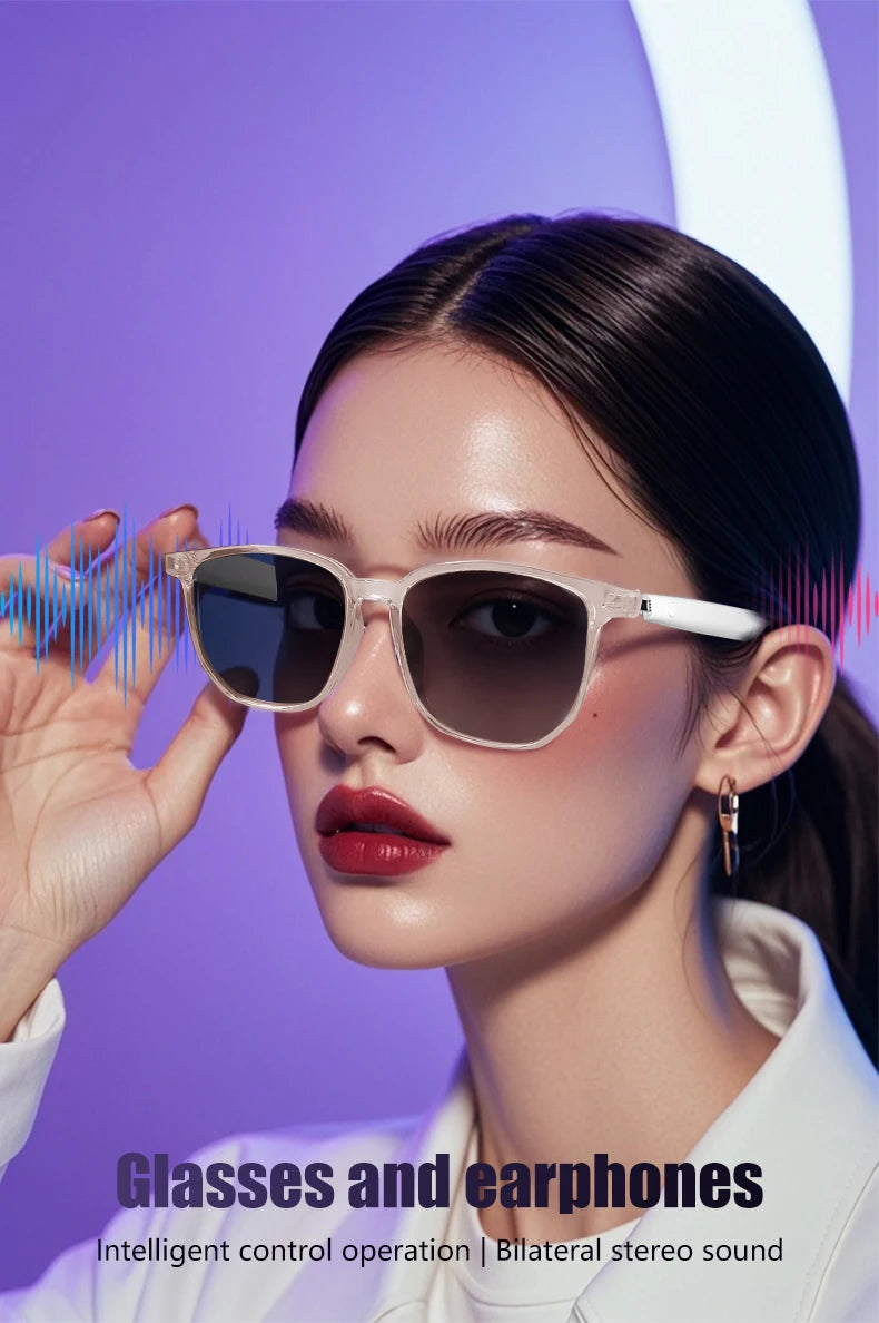 Woman wearing sunglasses with a purple background and text about glasses and earphones.