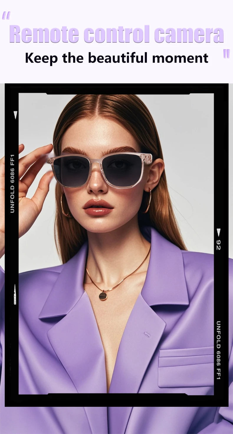 Woman wearing sunglasses with text about a remote control camera