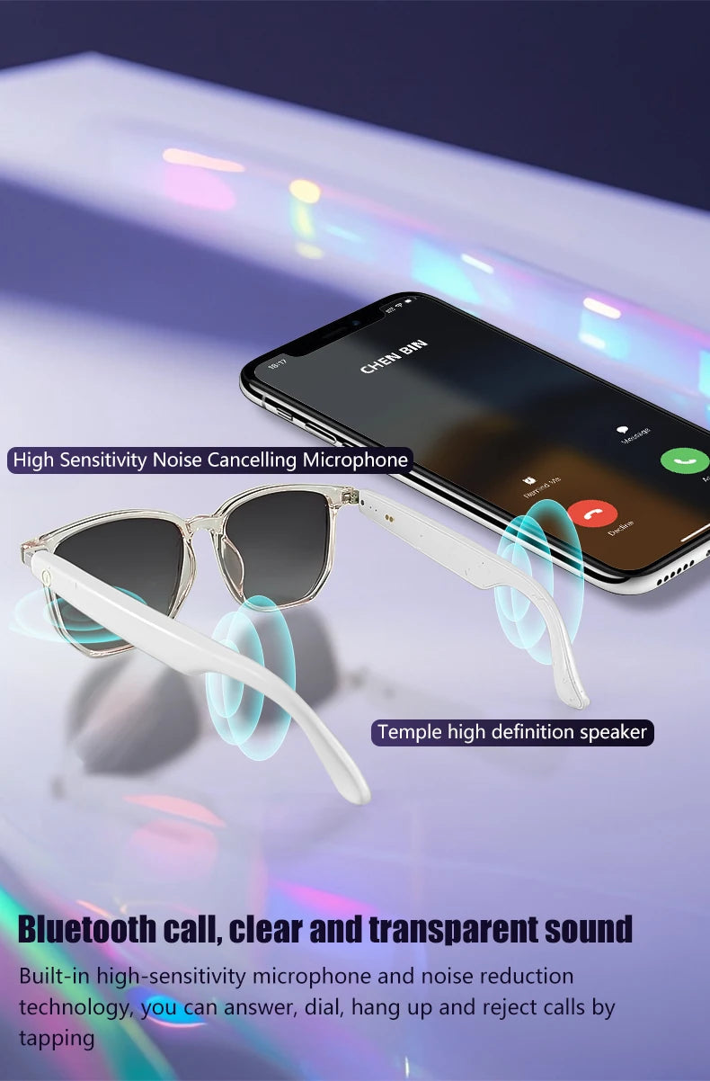 Sunglasses with Bluetooth call features on a smartphone screen, on a gradient purple background.