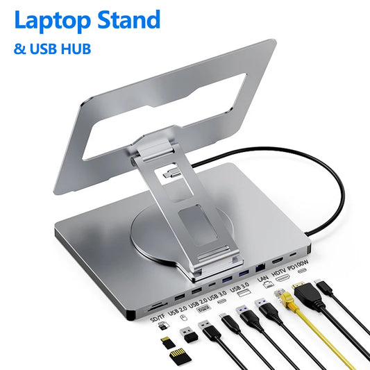 Laptop stand and USB hub with multiple ports and cables on a white background