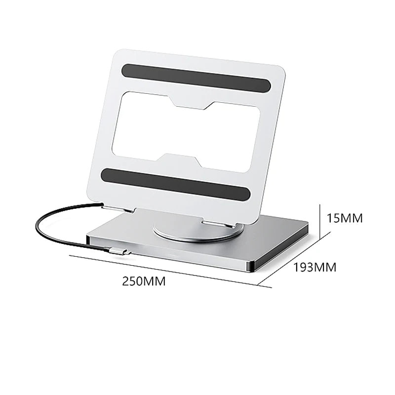 Silver phone stand with dimensions labeled on a white background