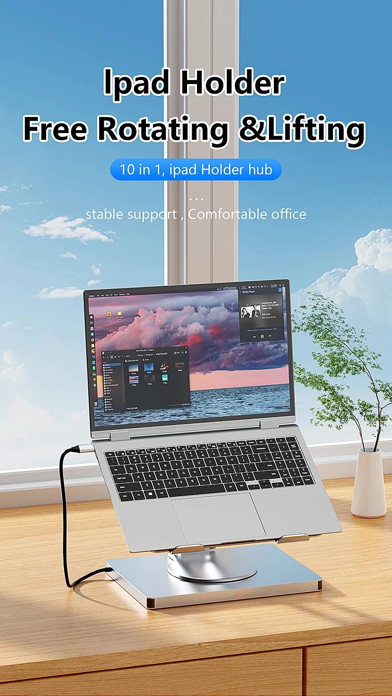 Laptop on a stand with 'Ipad Holder Free Rotating & Lifting' text and product description.
