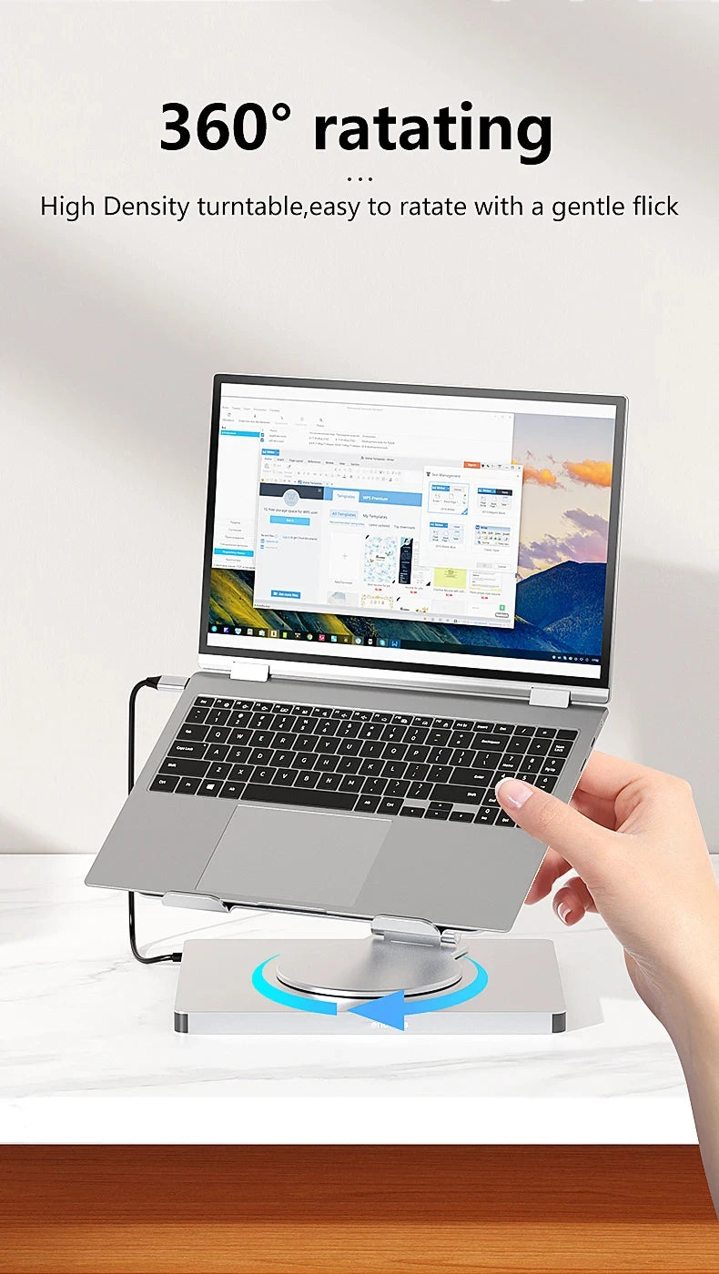 Laptop on a stand with a hand adjusting it, on a white background