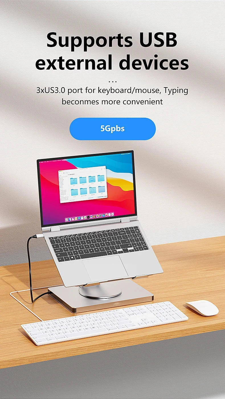 Laptop on a desk with USB external device support text