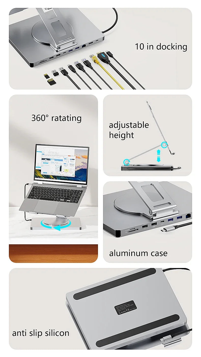 Collage of a laptop stand with features highlighted on a white background