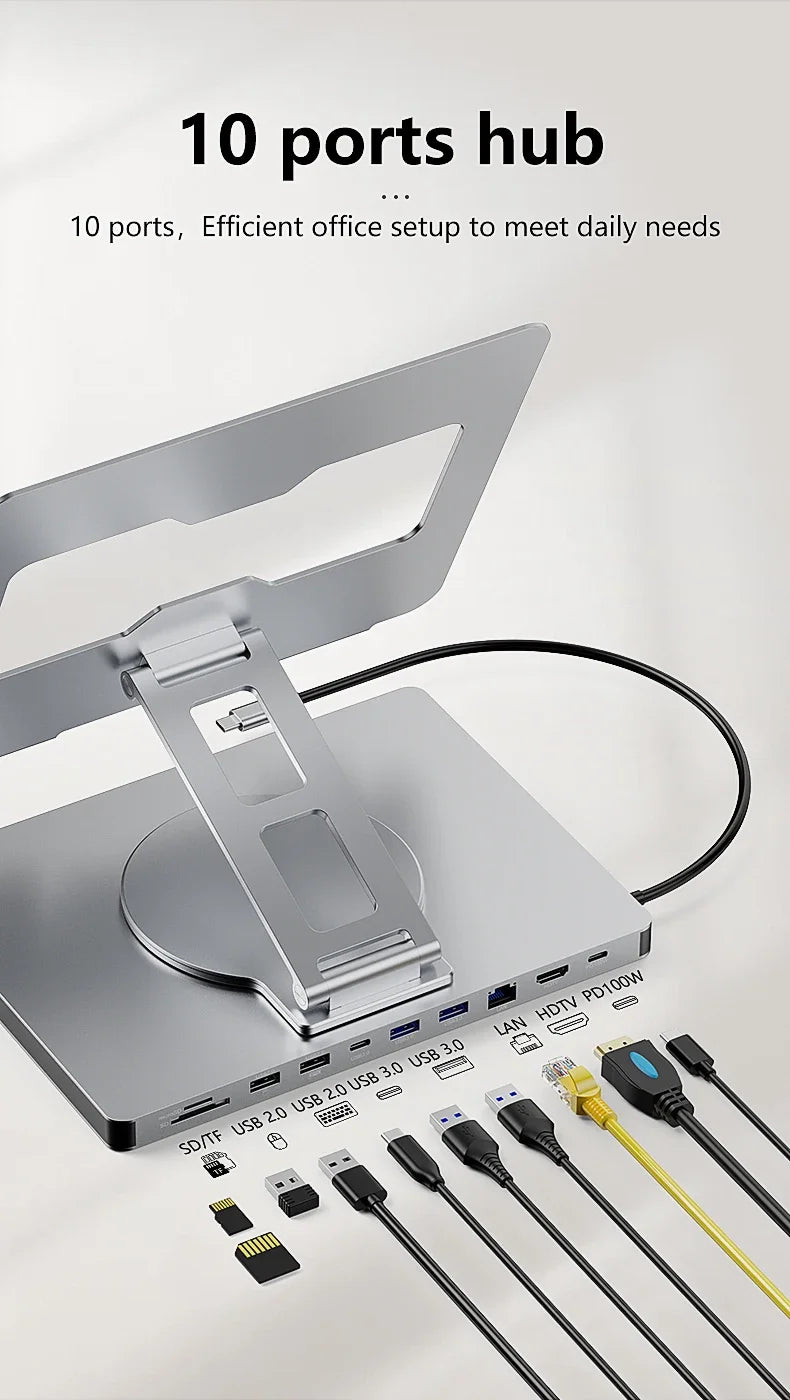 10-port USB hub with multiple cables on a white background