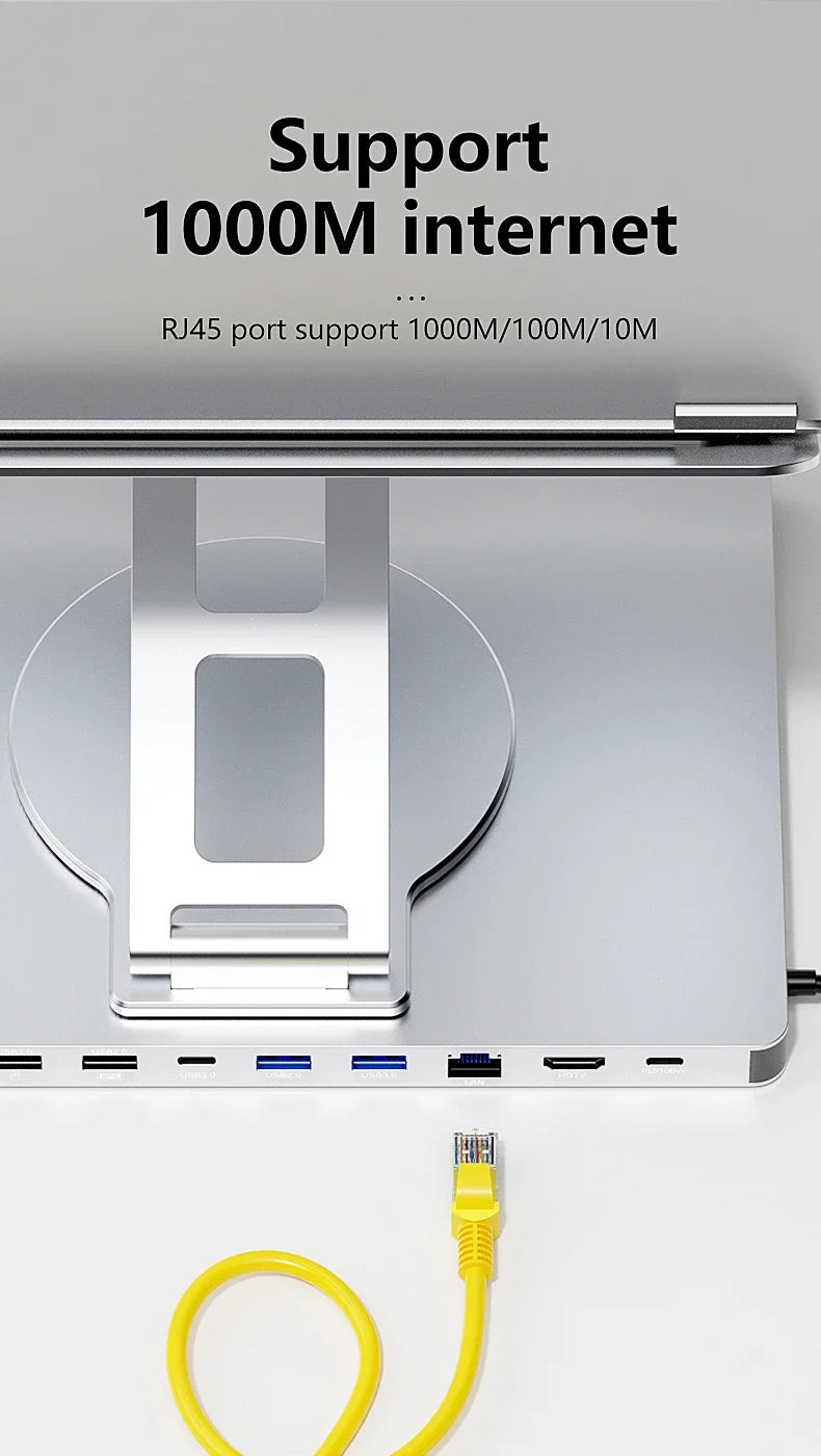 Computer docking station with multiple ports and a yellow cable, featuring text about internet support.